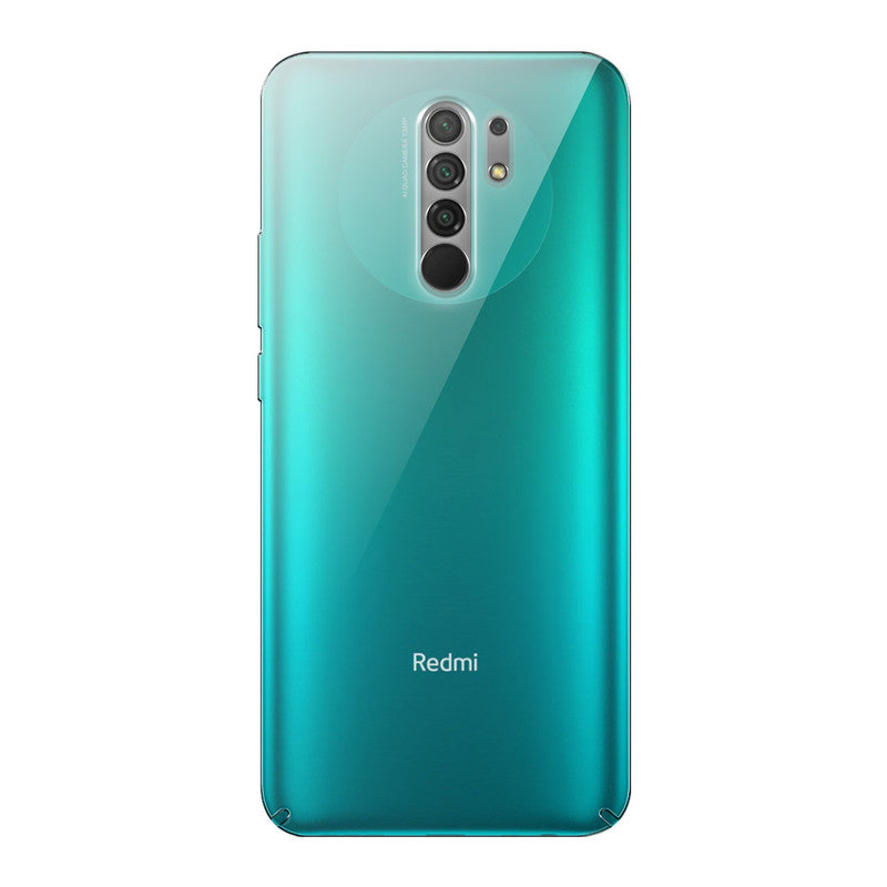 Back view of Redmi 9 Prime showing camera module and clean rear design with protective case