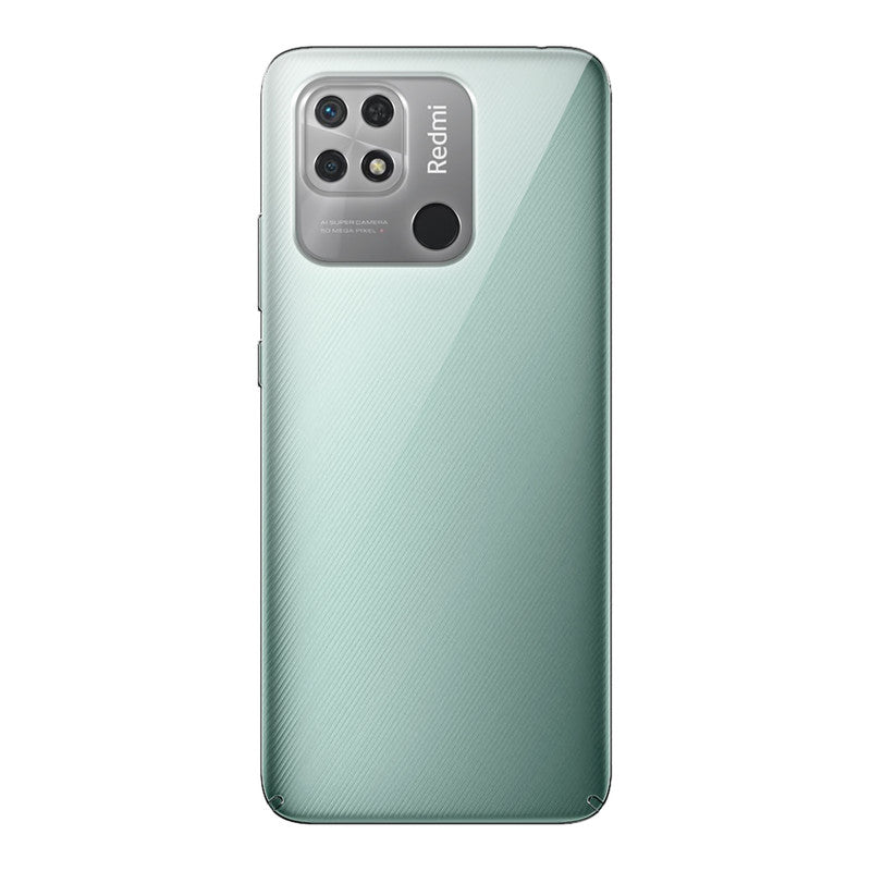 Back view of Redmi 10C showing camera module and clean rear design with protective case