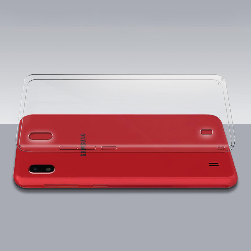 Transparent hard back case being installed on Samsung A10 showing perfect alignment and camera protection fit