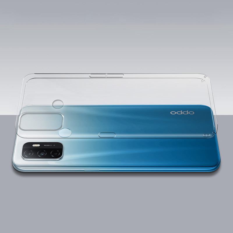 Transparent hard back case being installed on Oppo A33 2020 showing perfect alignment and camera protection fit