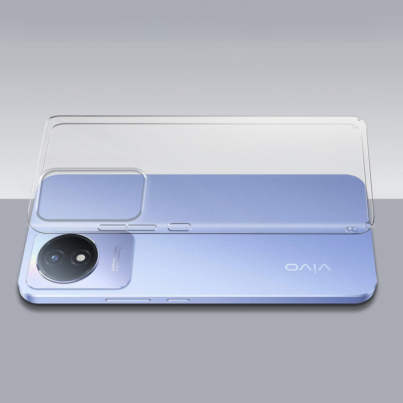 Transparent hard back case being installed on Vivo Y02T showing perfect alignment and camera protection fit