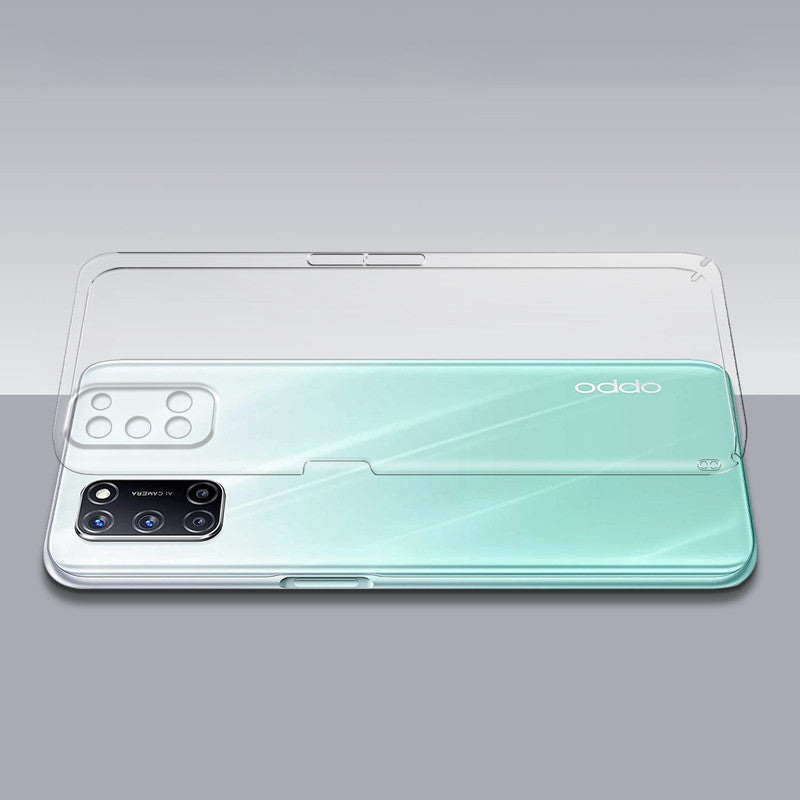 Transparent hard back case being installed on Oppo A52 showing perfect alignment and camera protection fit
