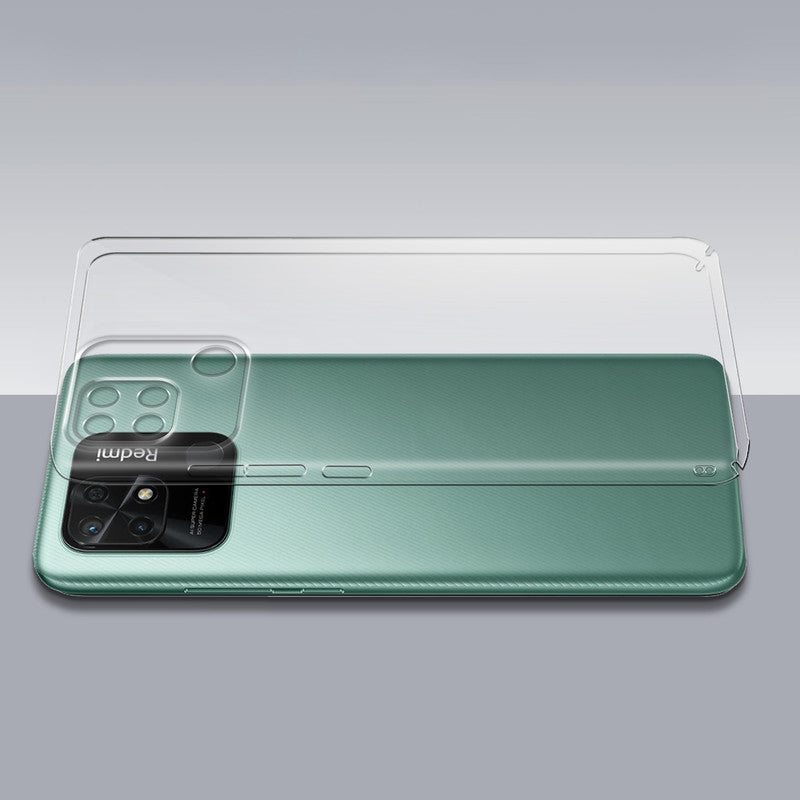 Transparent hard back case being installed on Redmi 10C showing perfect alignment and camera protection fit