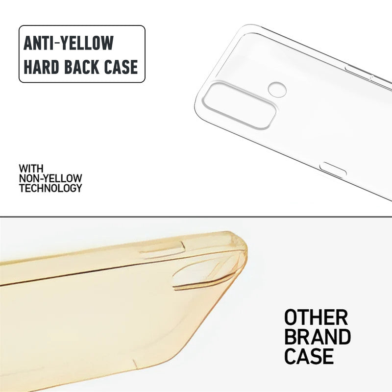 Anti-yellow hard back case comparison showing clear non-yellowing technology versus yellowed other brand case for Oppo A33 2020