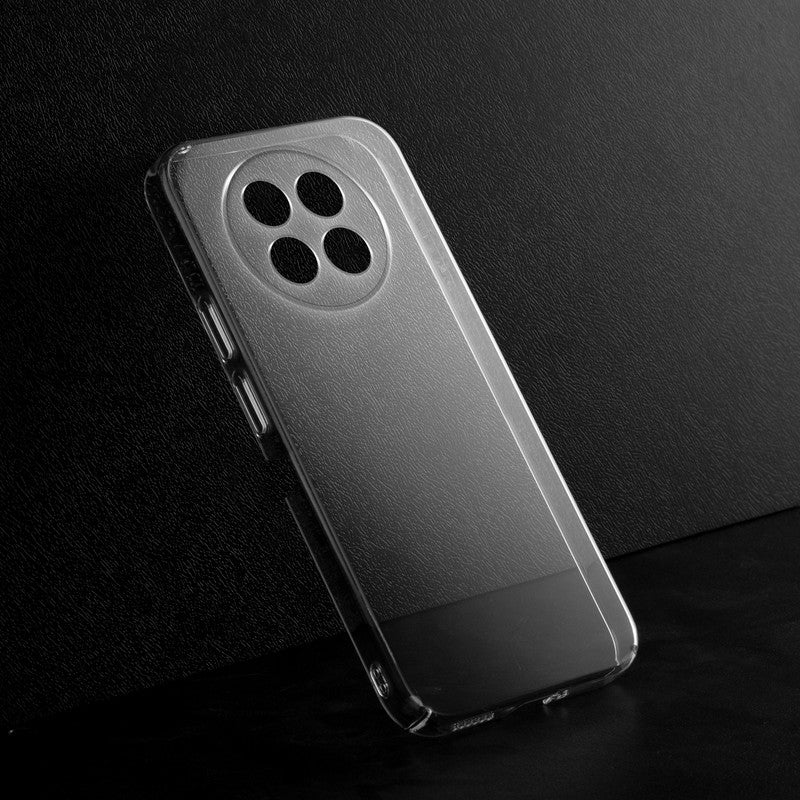Crystal clear anti-yellow hard back case for Realme 12 5G placed on surface showing slim profile and precise camera cutouts