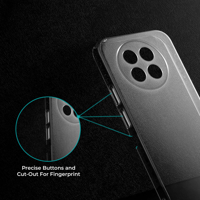 Close-up view of transparent case showing precise button cutouts and responsive side button coverage for Realme 12 5G