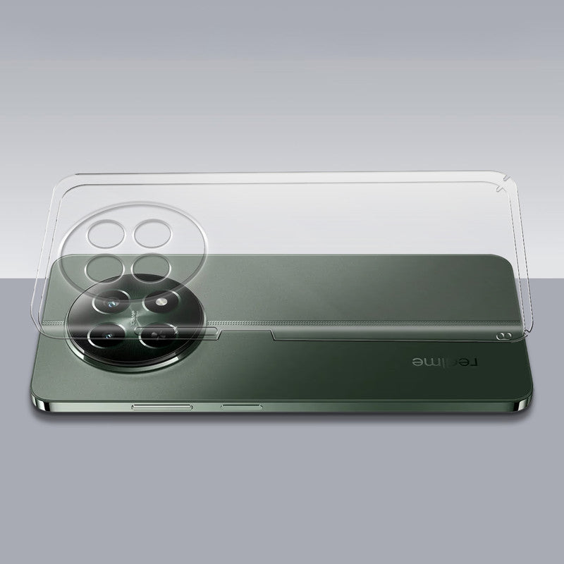 Transparent hard back case being installed on Realme 12 5G showing perfect alignment and camera protection fit