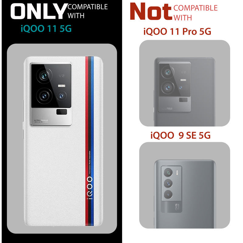 Clear hard back case compatibility guide showing fit for iQOO 11 5G and not compatible with other models
