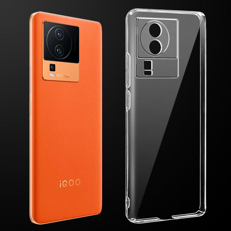 Transparent anti-yellow hard back case fitted on iQOO Neo 7 Pro 5G showing full back coverage and camera protection