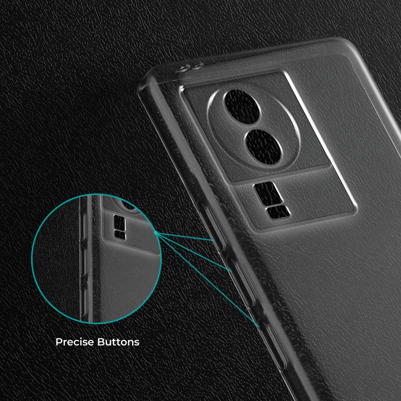 Close-up view of transparent case showing precise button cutouts and responsive side button coverage for iQOO Neo 7 Pro 5G