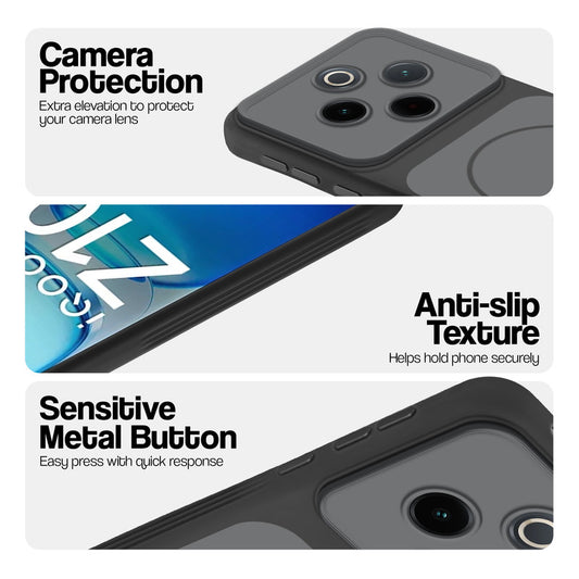 Black Phone case for iQOO Z10 5G highlighting raised camera protection, anti-slip texture, and responsive side buttons