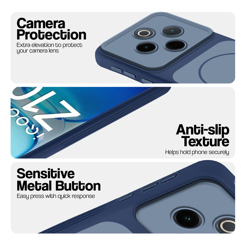 Blue Phone case for iQOO Z10 5G highlighting raised camera protection, anti-slip texture, and responsive side buttons