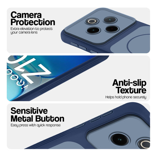 Blue Phone case for iQOO Z10 5G highlighting raised camera protection, anti-slip texture, and responsive side buttons