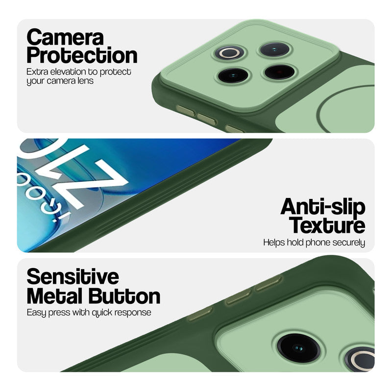 Green Phone case for iQOO Z10 5G highlighting raised camera protection, anti-slip texture, and responsive side buttons
