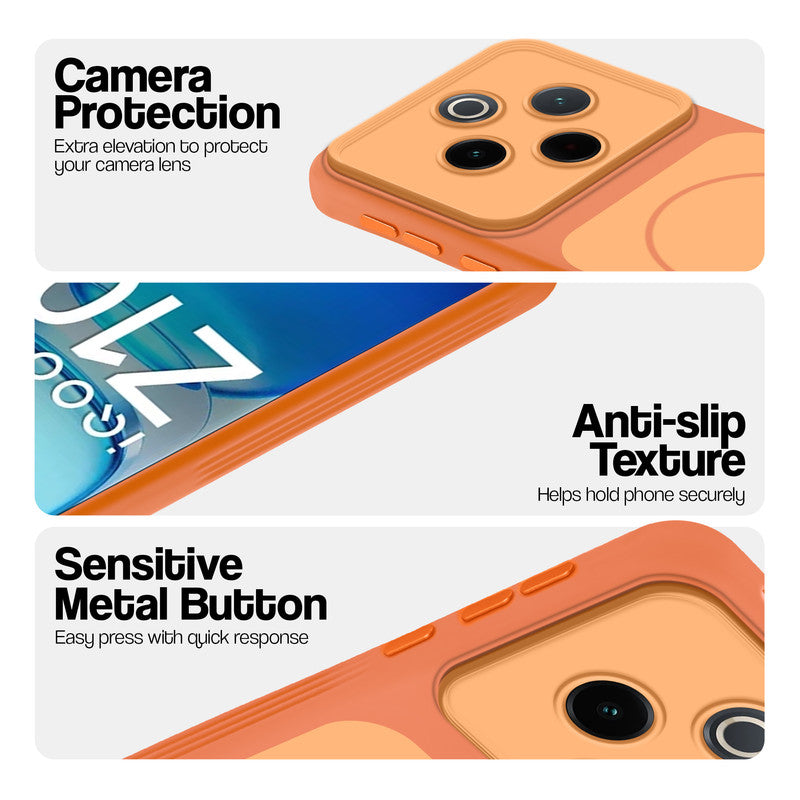 Orange Phone case for iQOO Z10 5G highlighting raised camera protection, anti-slip texture, and responsive side buttons