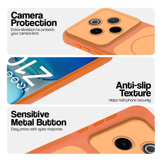 Orange Phone case for iQOO Z10 5G highlighting raised camera protection, anti-slip texture, and responsive side buttons