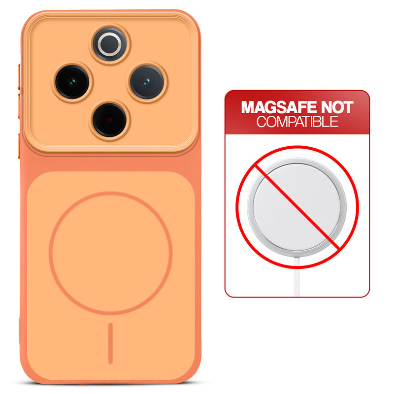 Dual tone silicone Orange phone cover for iQOO Z10 5G showing wireless charging not supported notice