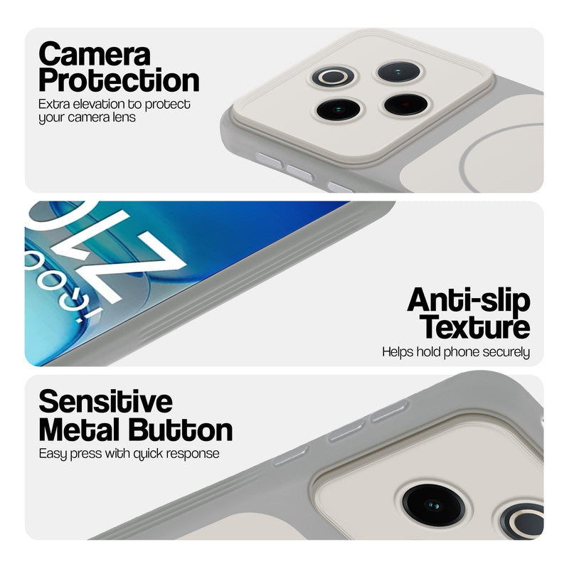 White Phone case for iQOO Z10 5G highlighting raised camera protection, anti-slip texture, and responsive side buttons