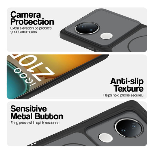 Black Phone case for iQOO Z10R 5G highlighting raised camera protection, anti-slip texture, and responsive side buttons