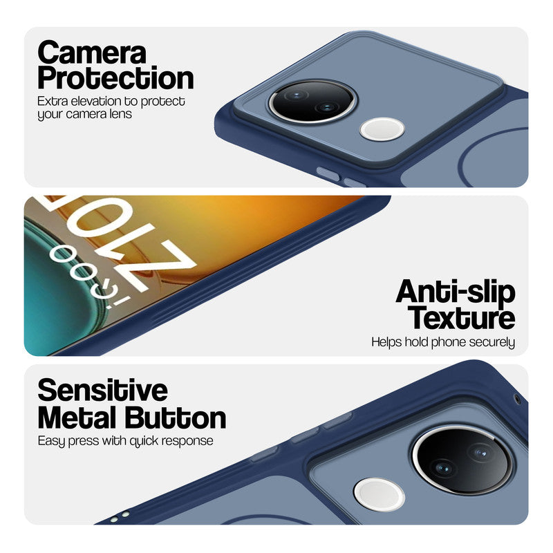 Blue Phone case for iQOO Z10R 5G highlighting raised camera protection, anti-slip texture, and responsive side buttons