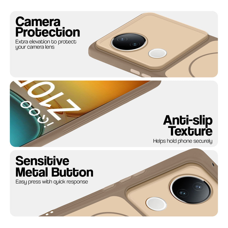 Brown Phone case for iQOO Z10R 5G highlighting raised camera protection, anti-slip texture, and responsive side buttons