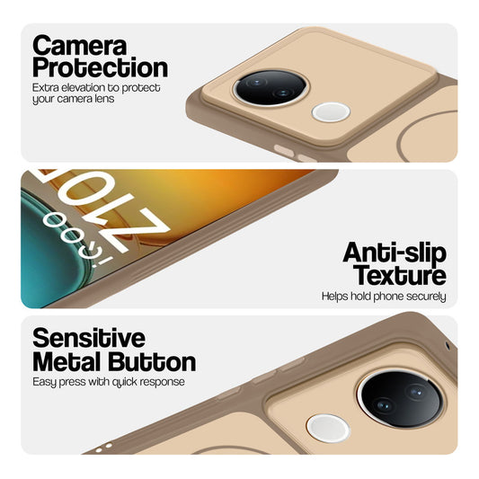 Brown Phone case for iQOO Z10R 5G highlighting raised camera protection, anti-slip texture, and responsive side buttons