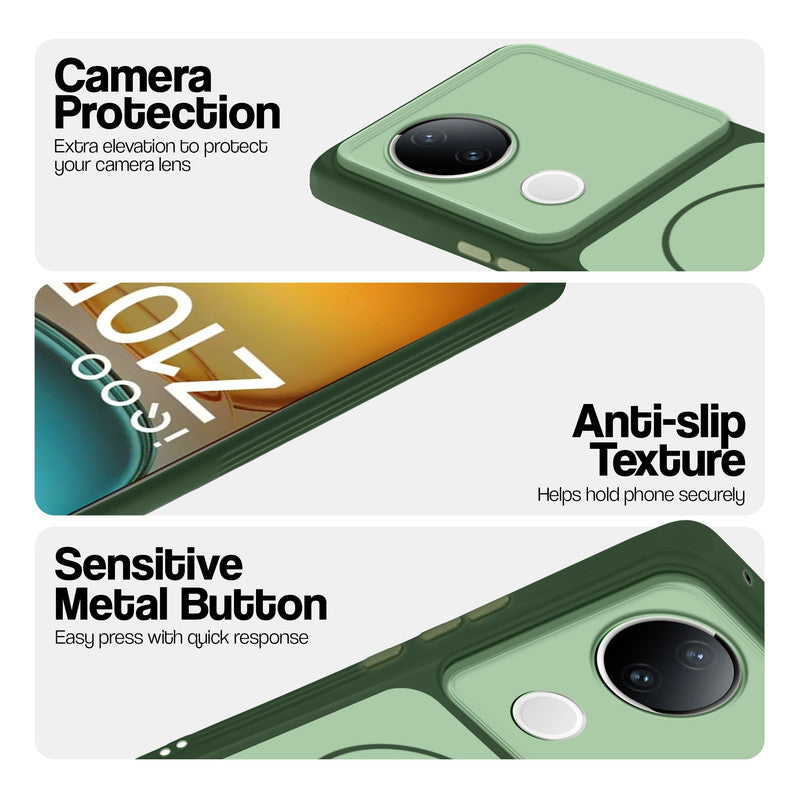 Green Phone case for iQOO Z10R 5G highlighting raised camera protection, anti-slip texture, and responsive side buttons