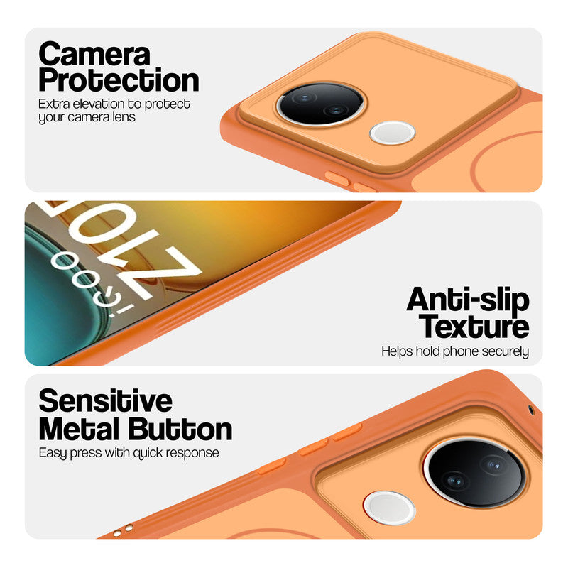 Orange Phone case for iQOO Z10R 5G highlighting raised camera protection, anti-slip texture, and responsive side buttons