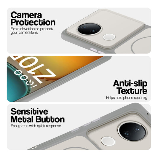 White Phone case for iQOO Z10R 5G highlighting raised camera protection, anti-slip texture, and responsive side buttons