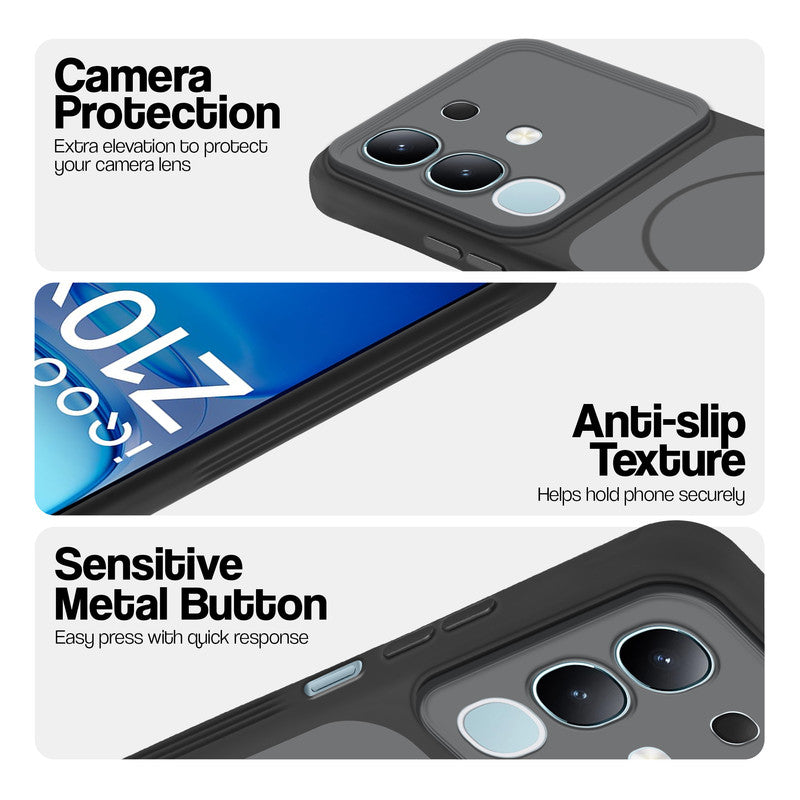 Black Phone case for iQOO Z10x 5G highlighting raised camera protection, anti-slip texture, and responsive side buttons