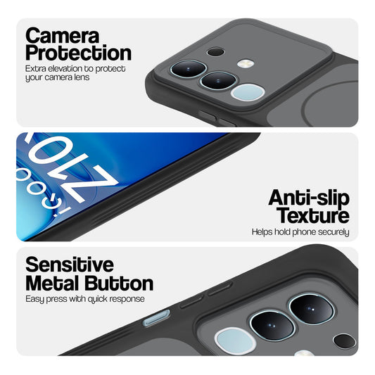 Black Phone case for iQOO Z10x 5G highlighting raised camera protection, anti-slip texture, and responsive side buttons