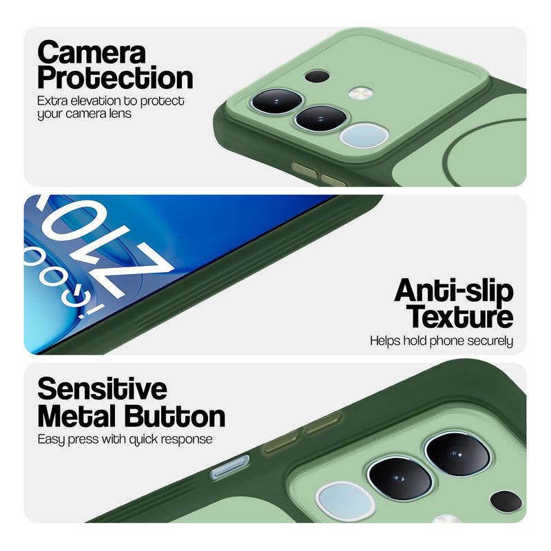 Green Phone case for iQOO Z10x 5G highlighting raised camera protection, anti-slip texture, and responsive side buttons