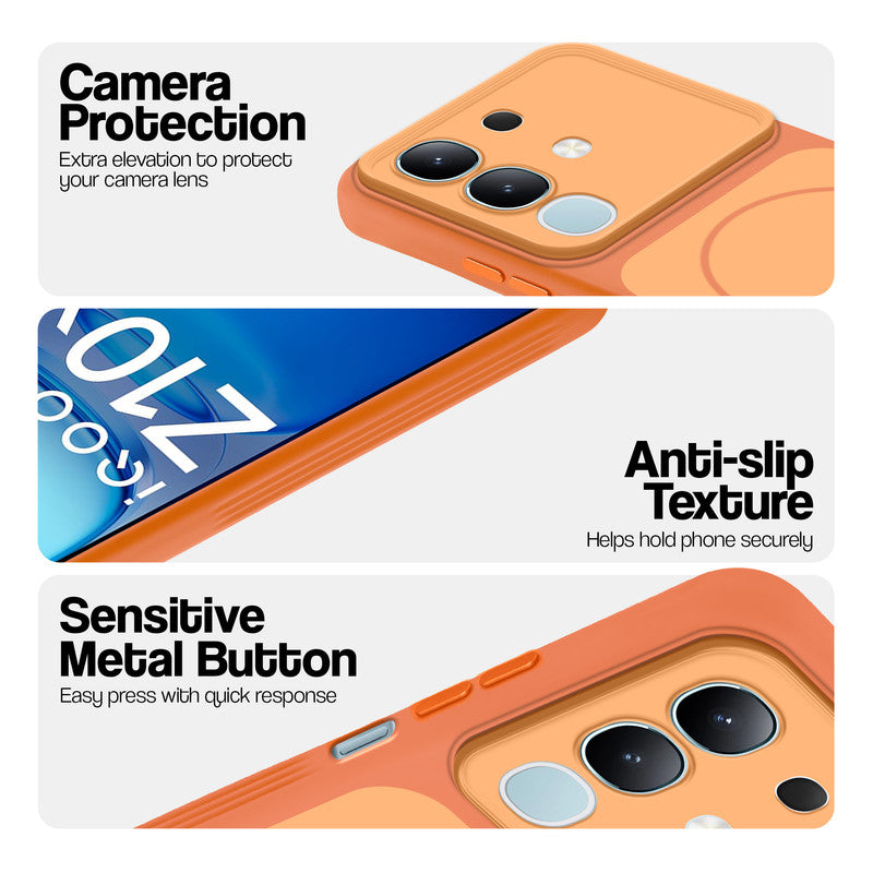 Orange Phone case for iQOO Z10x 5G highlighting raised camera protection, anti-slip texture, and responsive side buttons