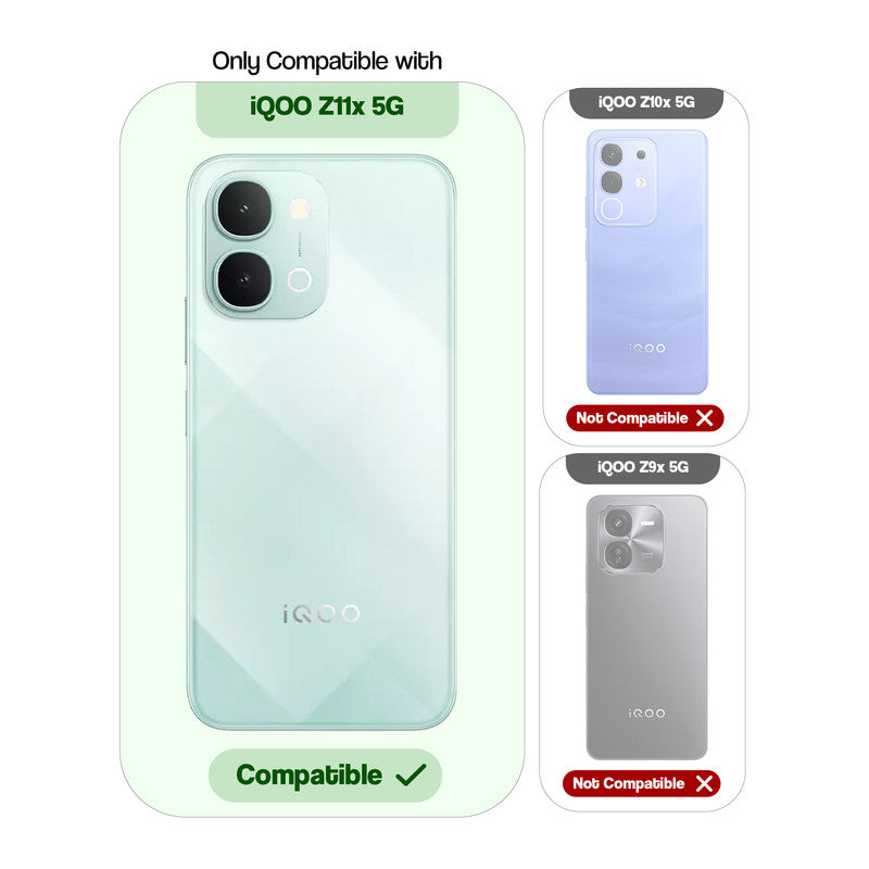 Clear hard back case compatibility guide showing fit for iQOO Z11x 5G and not compatible with other models