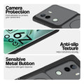 Black Phone case for iQOO Z9s 5G highlighting raised camera protection, anti-slip texture, and responsive side buttons