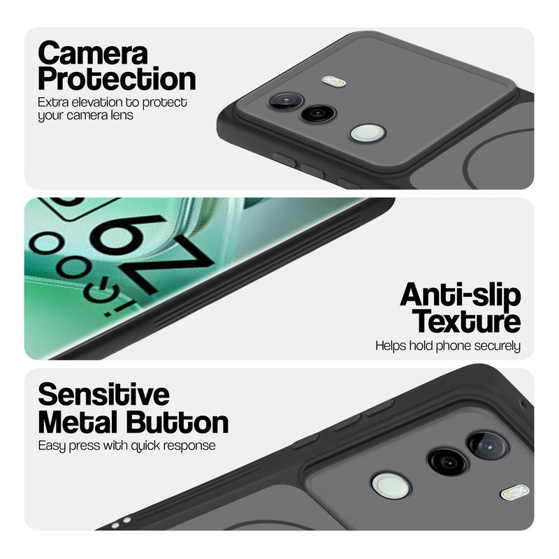 Black Phone case for iQOO Z9s 5G highlighting raised camera protection, anti-slip texture, and responsive side buttons