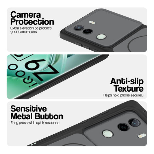 Black Phone case for iQOO Z9s 5G highlighting raised camera protection, anti-slip texture, and responsive side buttons