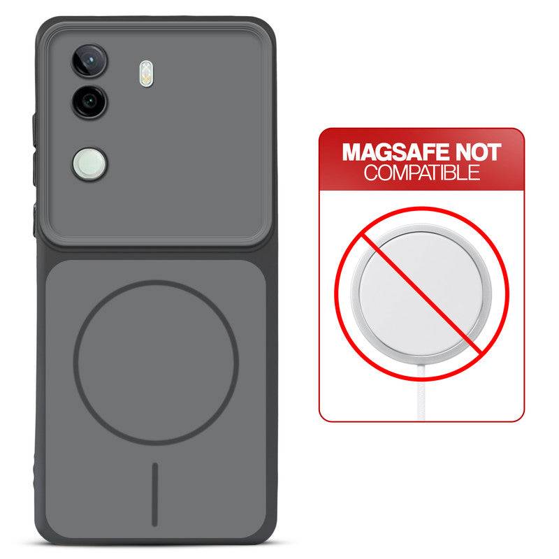 Dual tone silicone Black phone cover for iQOO Z9s 5G showing wireless charging not supported notice