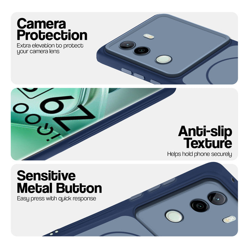 Blue Phone case for iQOO Z9s 5G highlighting raised camera protection, anti-slip texture, and responsive side buttons