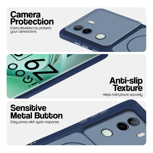 Blue Phone case for iQOO Z9s 5G highlighting raised camera protection, anti-slip texture, and responsive side buttons