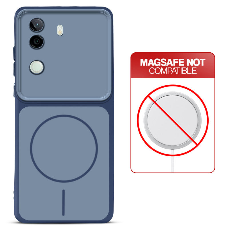 Dual tone silicone Blue phone cover for iQOO Z9s 5G showing wireless charging not supported notice