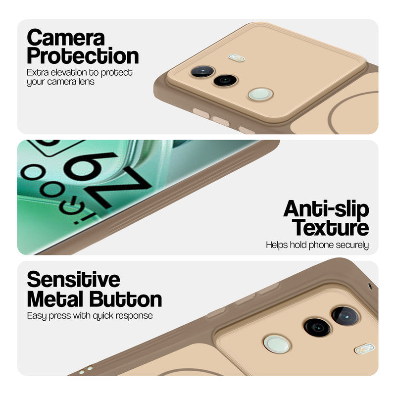 Brown Phone case for iQOO Z9s 5G highlighting raised camera protection, anti-slip texture, and responsive side buttons