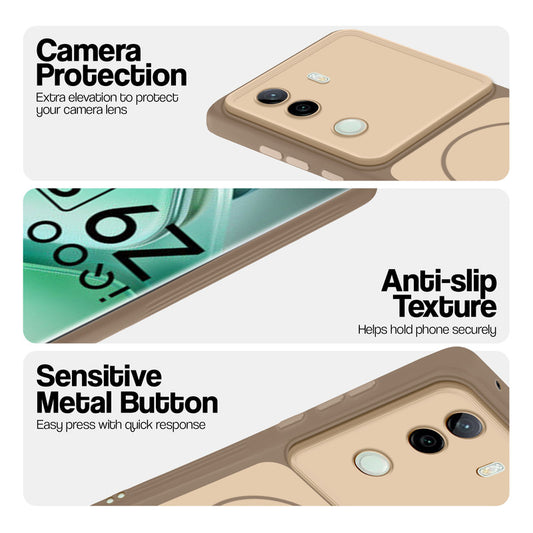 Brown Phone case for iQOO Z9s 5G highlighting raised camera protection, anti-slip texture, and responsive side buttons