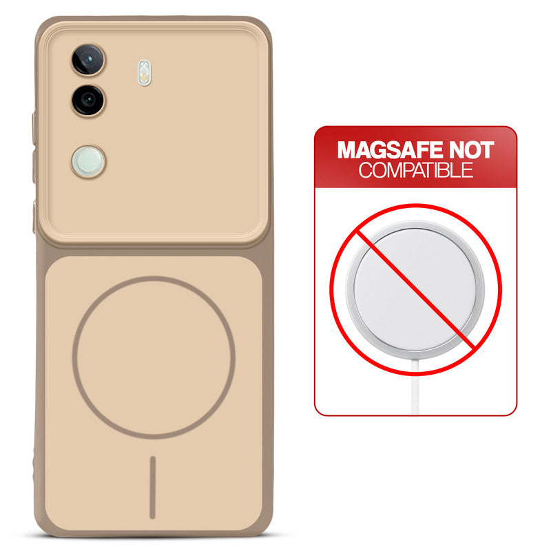 Dual tone silicone Brown phone cover for iQOO Z9s 5G showing wireless charging not supported notice