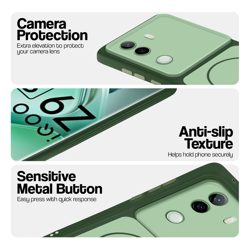 Green Phone case for iQOO Z9s 5G highlighting raised camera protection, anti-slip texture, and responsive side buttons