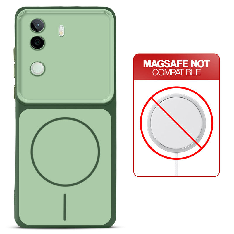 Dual tone silicone Green phone cover for iQOO Z9s 5G showing wireless charging not supported notice