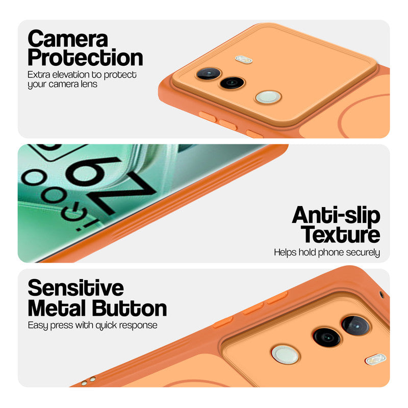Orange Phone case for iQOO Z9s 5G highlighting raised camera protection, anti-slip texture, and responsive side buttons