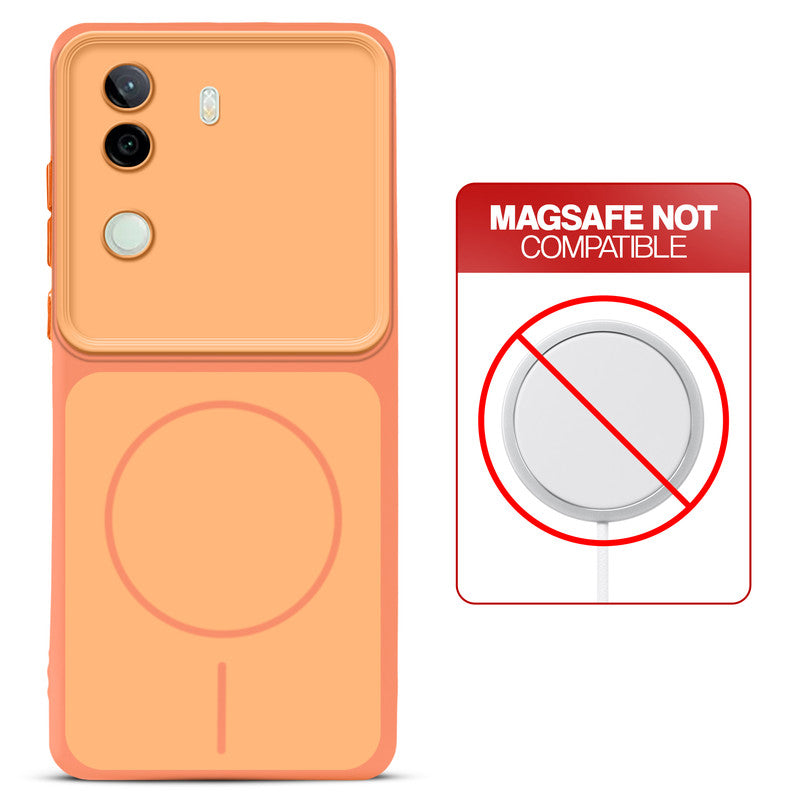 Dual tone silicone Orange phone cover for iQOO Z9s 5G showing wireless charging not supported notice