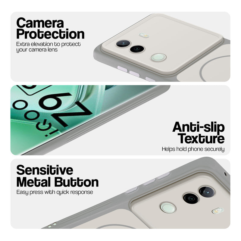 White Phone case for iQOO Z9s 5G highlighting raised camera protection, anti-slip texture, and responsive side buttons