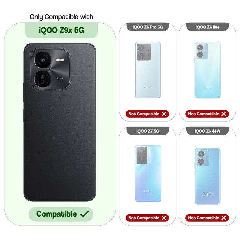 Clear hard back case compatibility guide showing fit for iQOO Z9x 5G and not compatible with other models